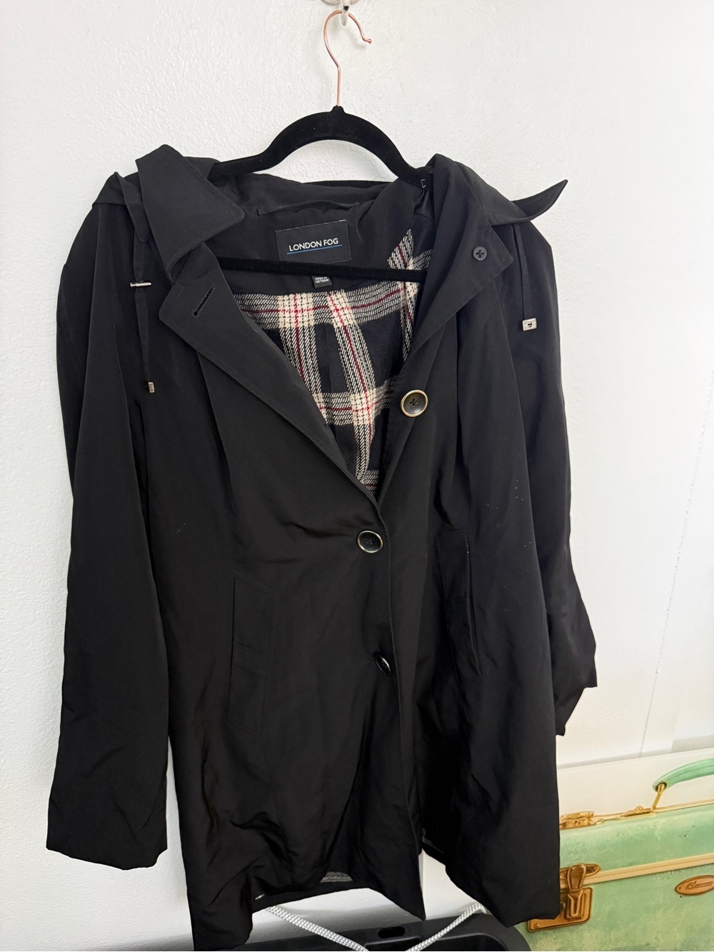 London Fog Black Hooded Trench with Plaid Lining